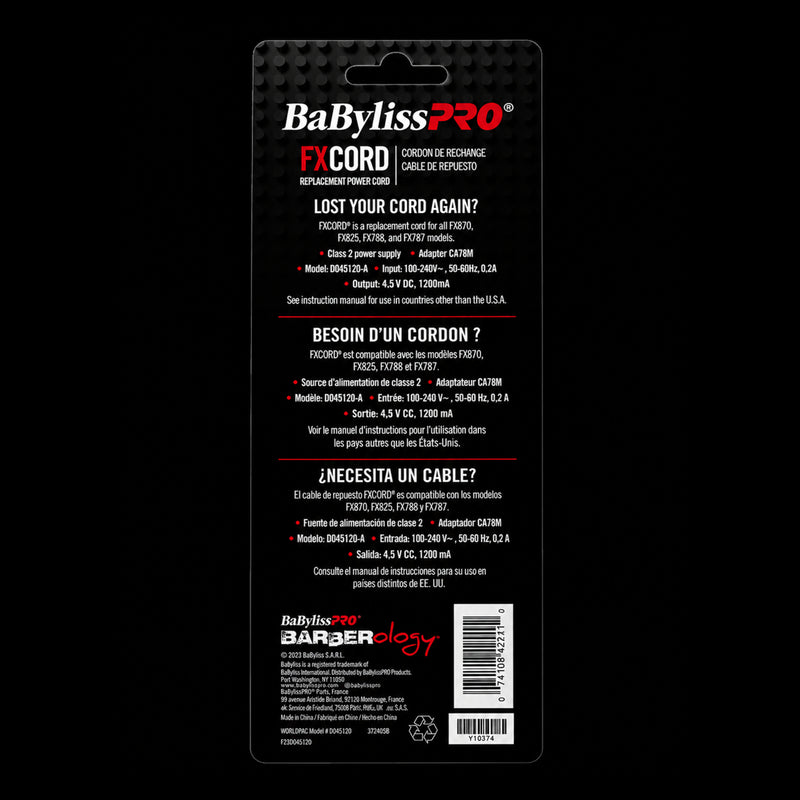 BaBylissPRO FXCORD replacement power cord back packaging with specifications and compatibility details