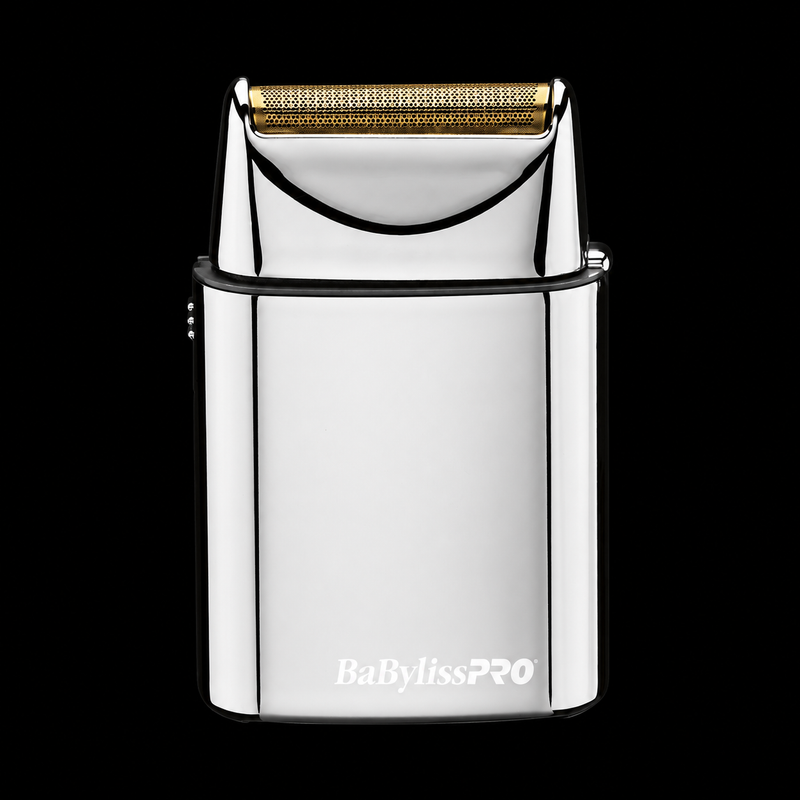 BaBylissPRO FOILFX01 FXFS1 silver single-foil shaver, front view with exposed gold foil