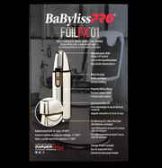 Back of the BaBylissPRO FOILFX01 FXFS1 box showing the shaver and printed feature information