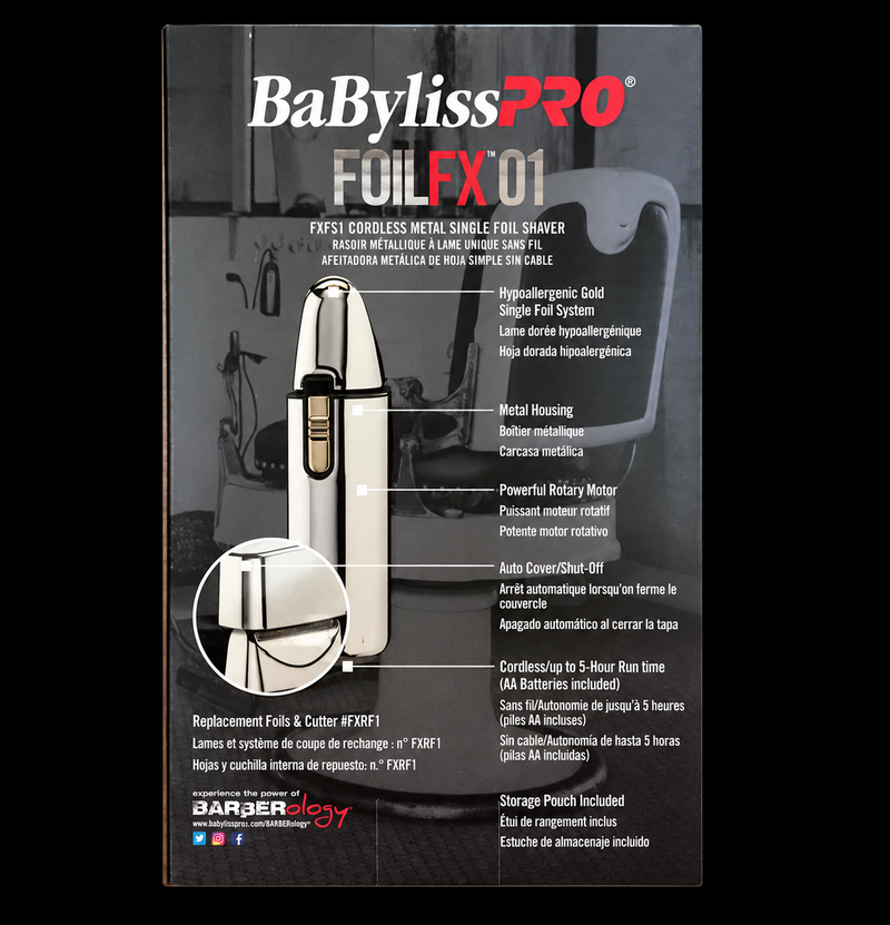Back of the BaBylissPRO FOILFX01 FXFS1 box showing the shaver and printed feature information