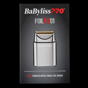 Front of the BaBylissPRO FOILFX01 FXFS1 retail box with silver shaver illustration