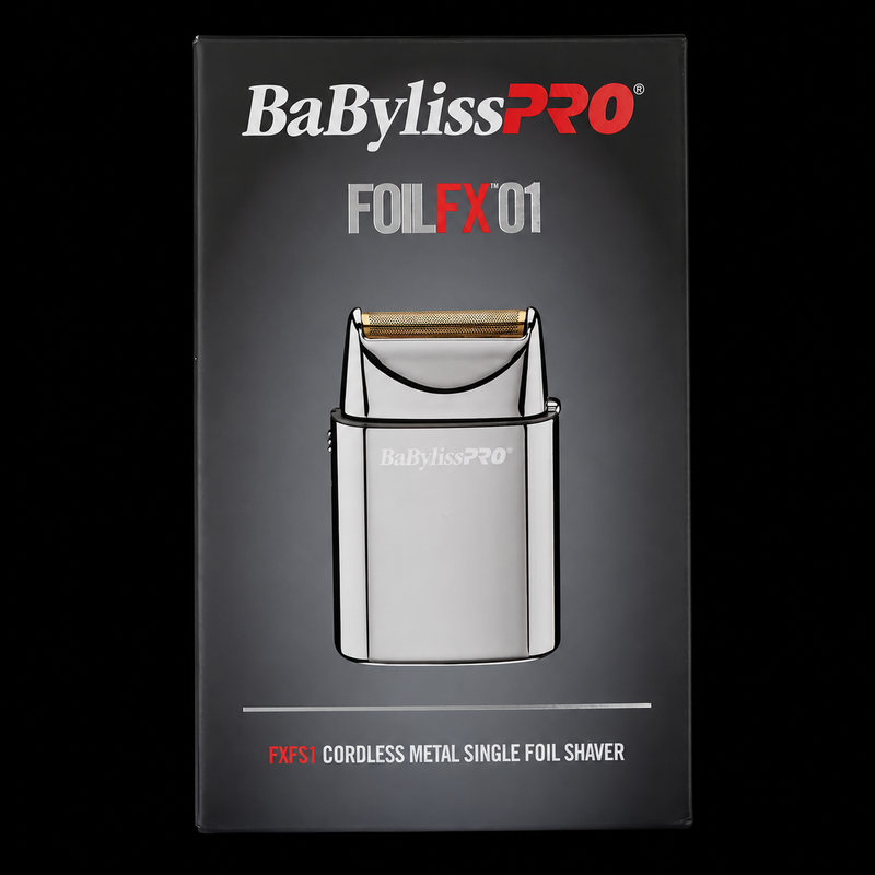Front of the BaBylissPRO FOILFX01 FXFS1 retail box with silver shaver illustration