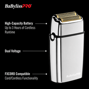 Product features for BaBylissPRO FXFS2 including 3-hour runtime, dual voltage, and FXCORD compatibility.