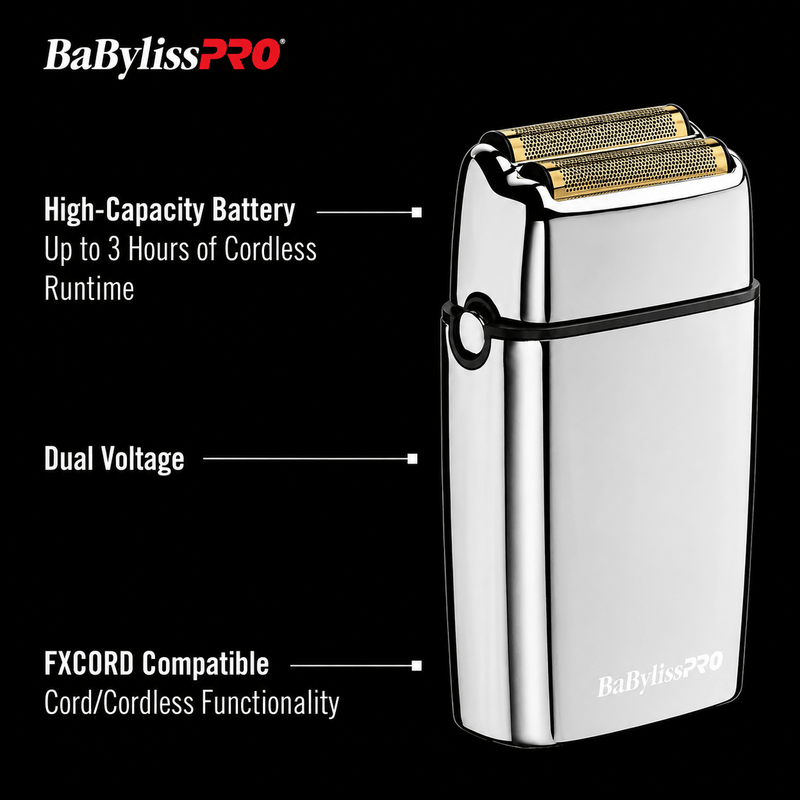 Product features for BaBylissPRO FXFS2 including 3-hour runtime, dual voltage, and FXCORD compatibility.