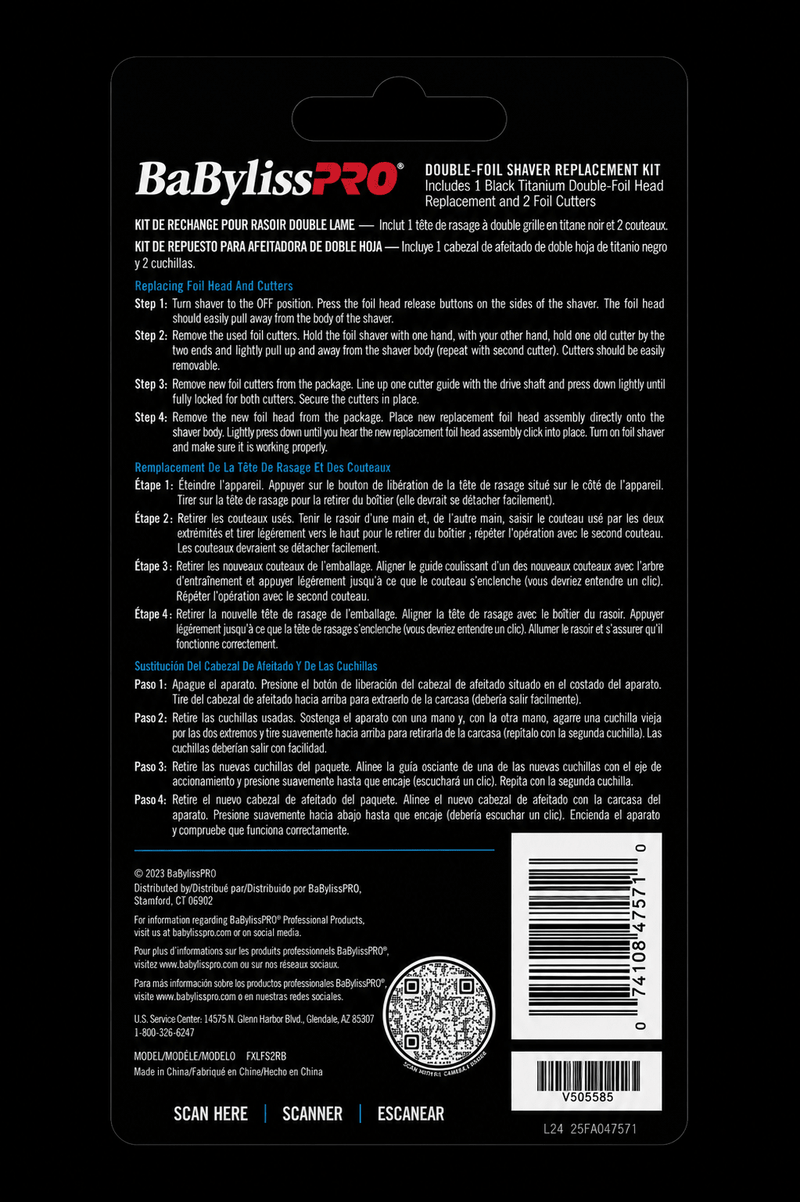 BaBylissPRO UVFOIL Dark Grey Double-Foil Replacement Kit – packaging back view on black background