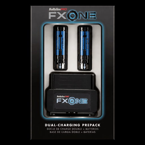 BabylissPro FXOne dual batteries with charging base prepackaged set on a black background