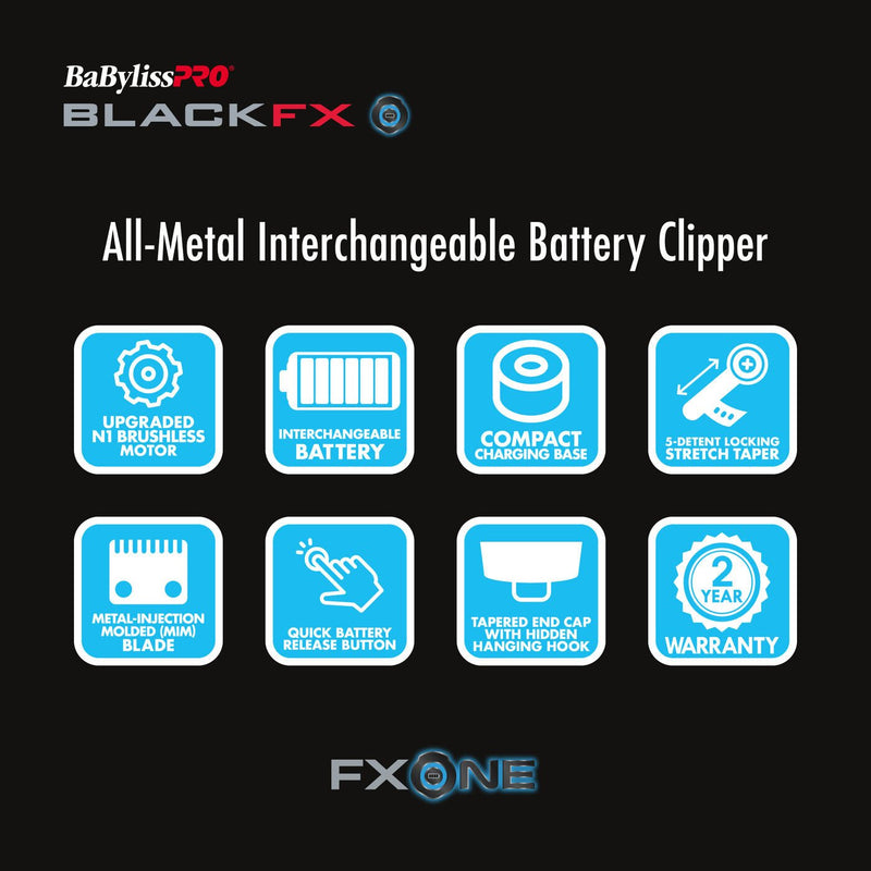 BaBylissPRO FXONE BlackFX clipper features brushless motor interchangeable battery system