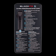 BlackFX all-metal interchangeable battery clipper packaging with specifications on a black background
