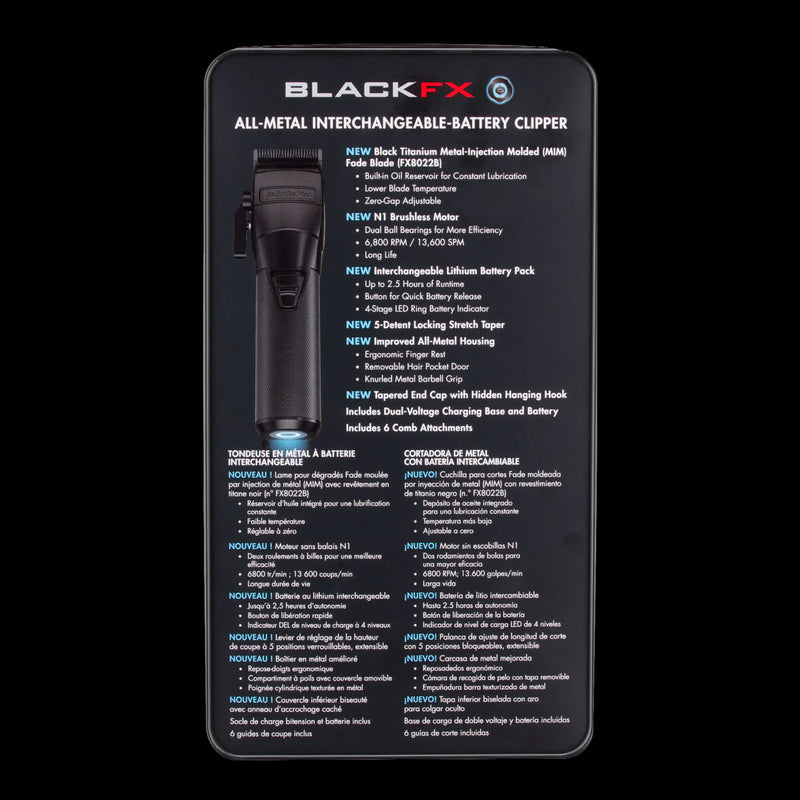 BlackFX all-metal interchangeable battery clipper packaging with specifications on a black background