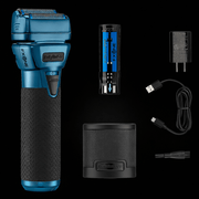 Blue and black FXONE electric shaver with battery, charger, and cable on a black background
