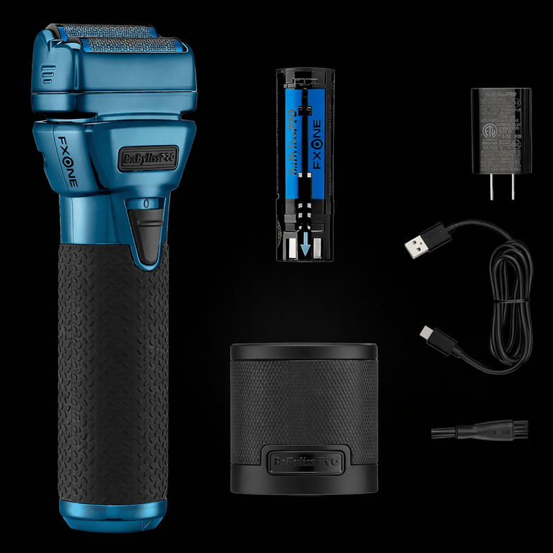 Blue and black FXONE electric shaver with battery, charger, and cable on a black background