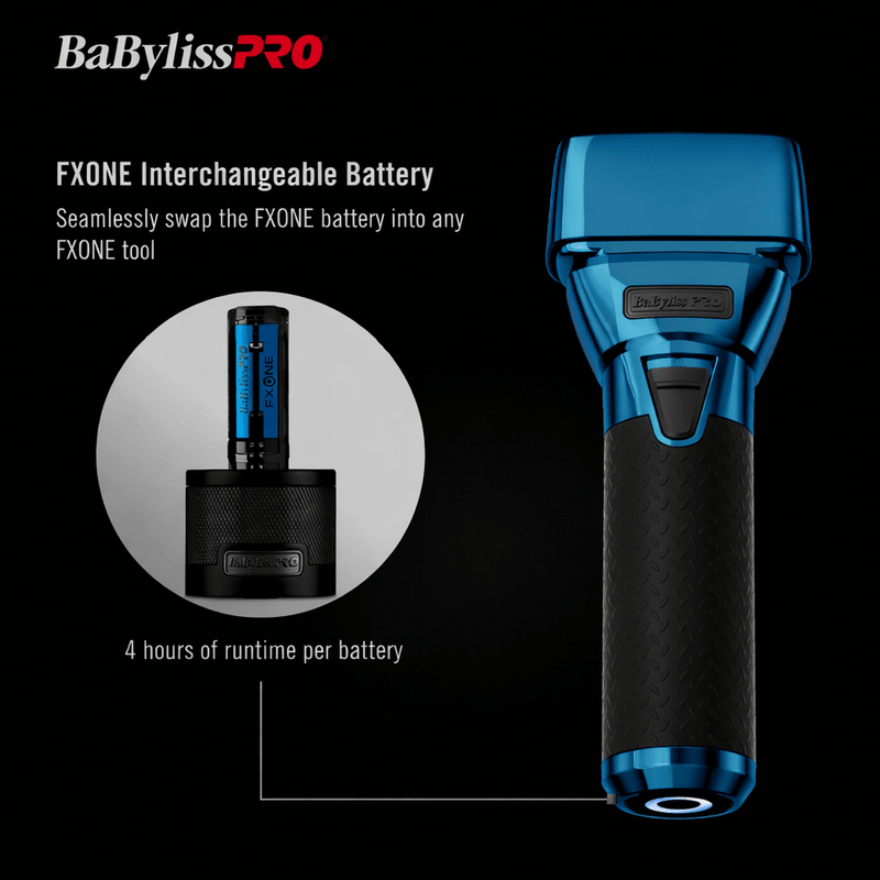 BaBylissPRO FXONE interchangeable battery system with blue and black design on a black background.