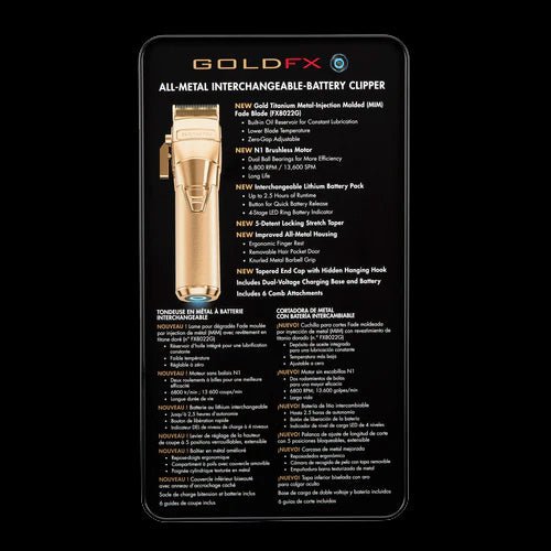 Gold FX all-metal interchangeable battery clipper packaging with product details on a black background