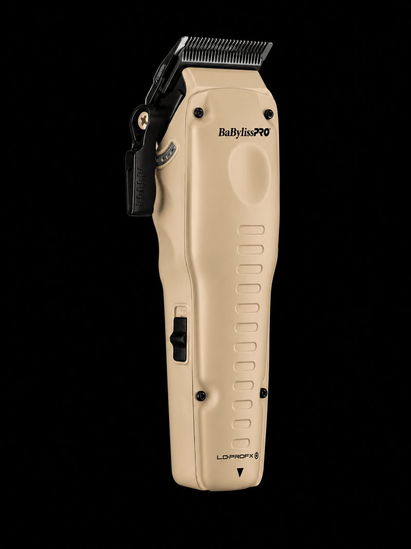 BaBylissPRO FXONE Lo-ProFX Sand Clipper Limited Edition FX829SDLT – angled view with accessories