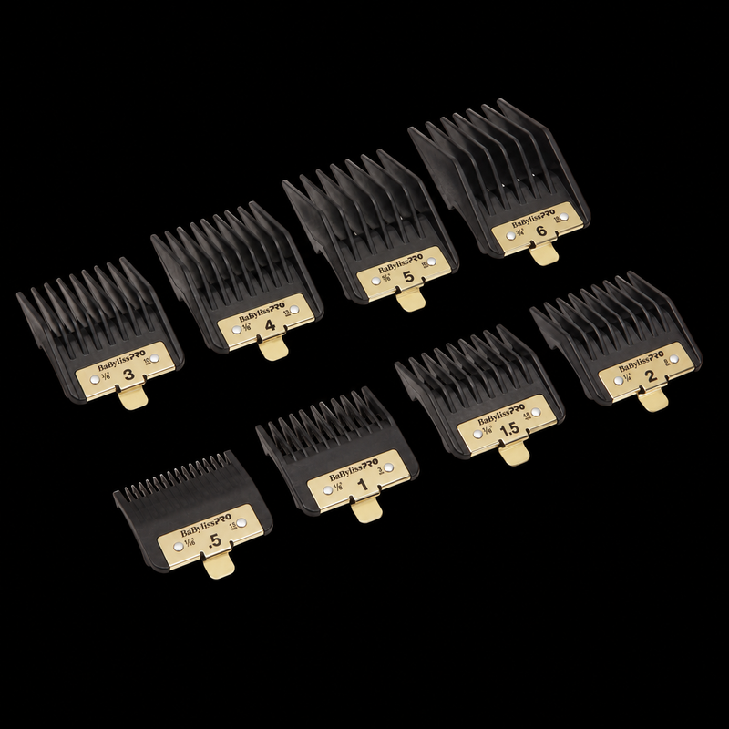 Eight black BaBylissPRO FXPCG premium clipper guards arranged to show their gold size labels