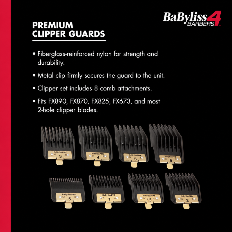 BaBylissPRO FXPCG feature graphic showing eight guards, reinforced nylon, metal clips and listed clipper fit