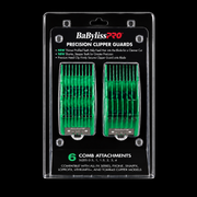 Front of the BaBylissPRO FXPCG2 green Precision guard package showing six comb attachments
