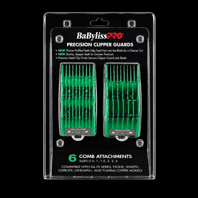 Front of the BaBylissPRO FXPCG2 green Precision guard package showing six comb attachments