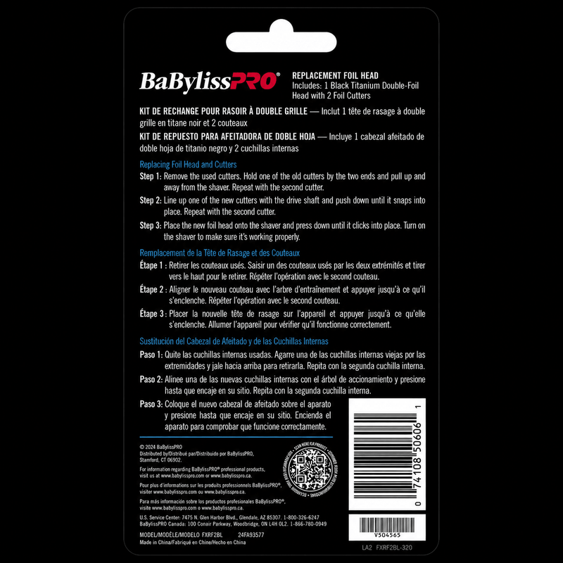 BaBylissPRO replacement foil head packaging with text and barcode on a black background