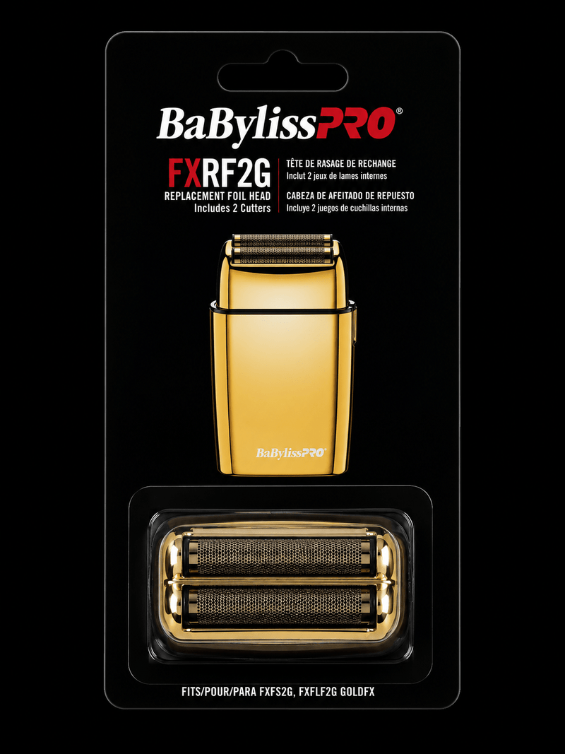 BaBylissPRO FXRF2G replacement foil head packaging with gold foil head on a black background