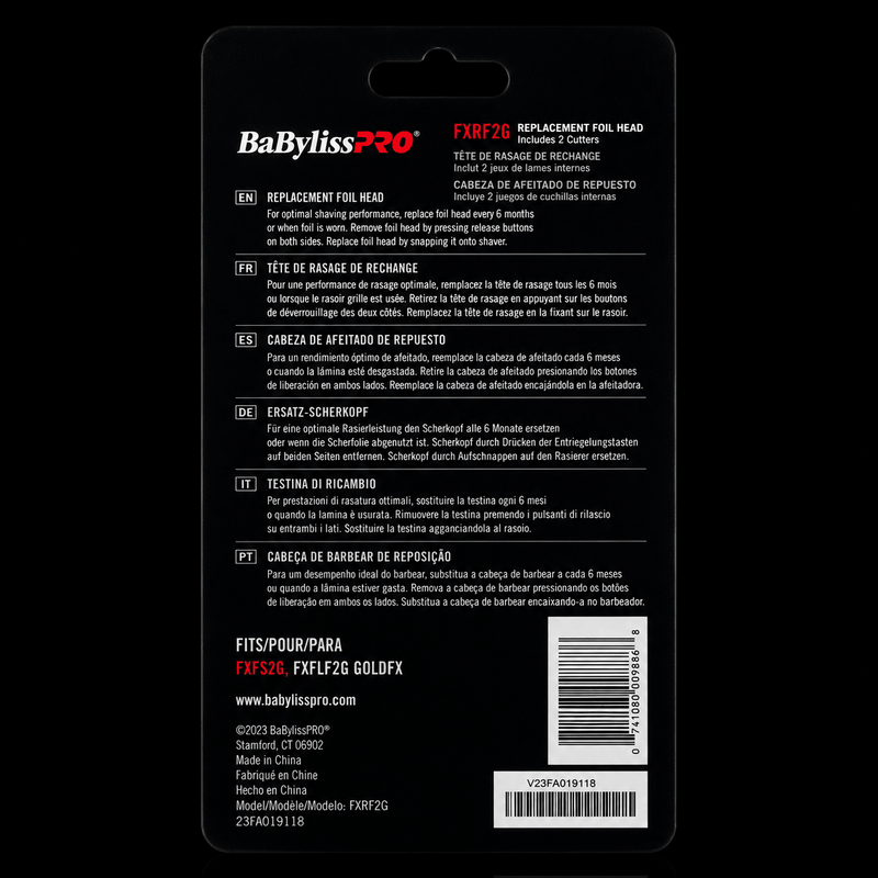Back of a BaBylissPRO replacement foil head packaging with text and barcode.
