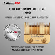 BaBylissPro gold DLC/titanium taper blade FX802G on a gray background