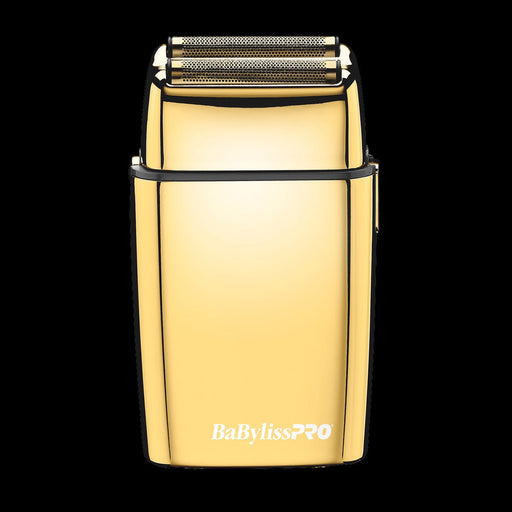 BaBylissPRO FOILFX02 Gold Cordless Metal Double-Foil Shaver #FXFS2G front view showing gold titanium foils.