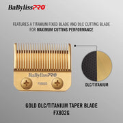 BaBylissPRO gold DLC/Titanium taper blade with text on a gray background