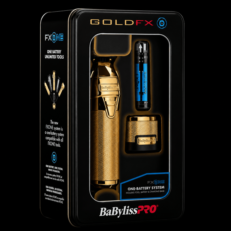 Gold FX BaBylissPRO hair styling tool in packaging with black background