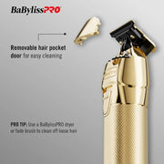 Gold hair trimmer with a removable hair pocket door on a gray background, featuring BaBylissPRO branding.