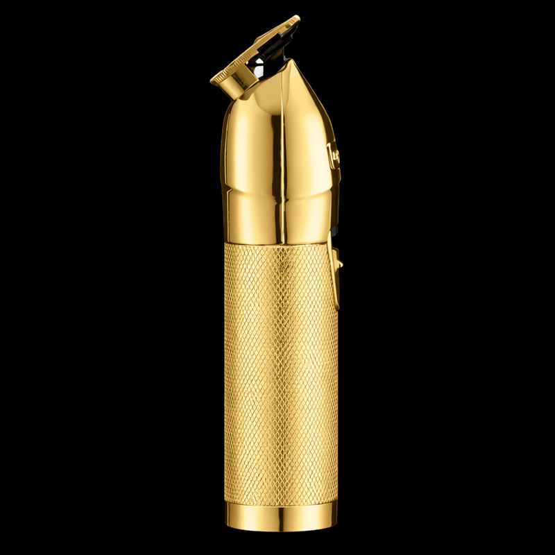 BaBylissPRO GoldFX Skeleton Trimmer FX787NG – front view gold metal cordless outliner on black background