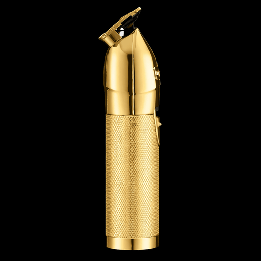 BaBylissPRO GoldFX Skeleton Trimmer FX787NG – front view gold metal cordless outliner on black background