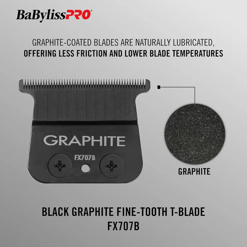 BaBylissPRO black graphite fine-tooth t-blade with graphite material illustration on a gray background