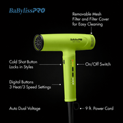 BaBylissPRO green hair dryer with features highlighted on a black background