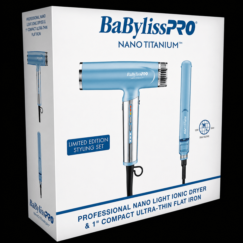 BaBylissPRO Nano Titanium hair dryer and flat iron set packaging on a white background