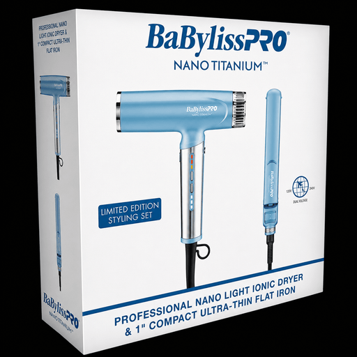 BaBylissPRO Nano Titanium hair dryer and flat iron set packaging on a white background