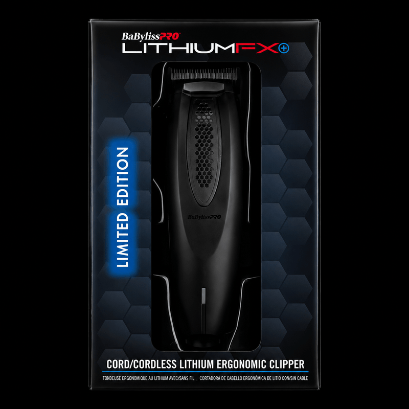 BaBylissPro Lithium FX+ cord/cordless lithium ergonomic clipper packaging on a black background