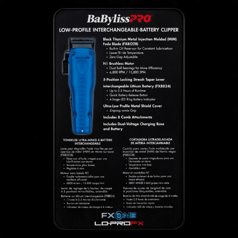 BaBylissPRO FX ONE LO-PRO FX hair clipper packaging with blue clipper on black background