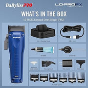 BaBylissPRO LO-PROFX Compact Series Clipper FX82 with included accessories on a blue background