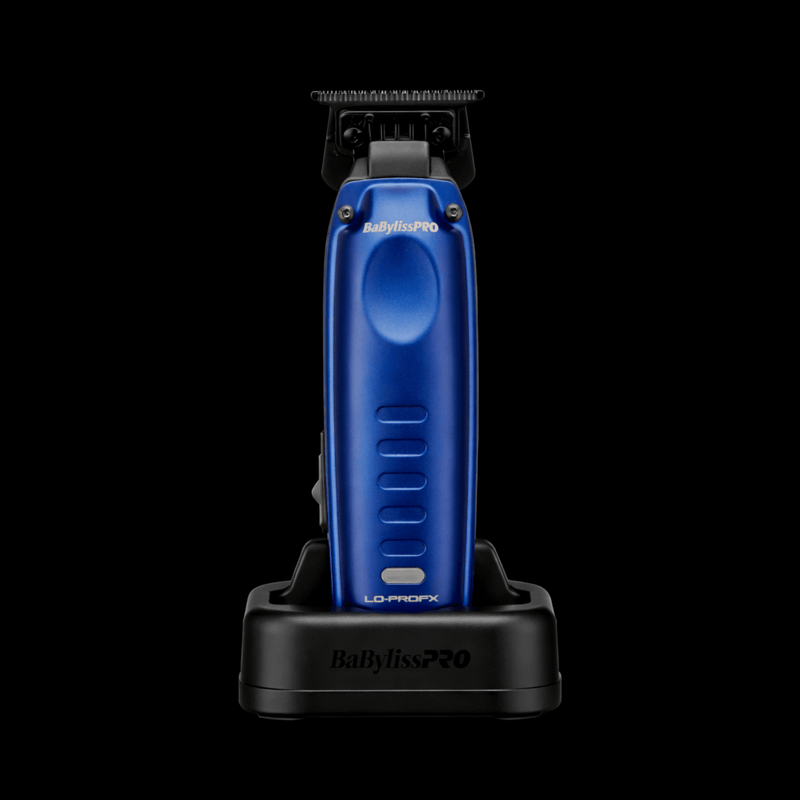 Blue hair trimmer on a black stand with 'BabylissPro' branding on a white background