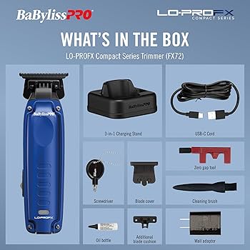BaBylissPRO LO-PROFX Compact Series Trimmer with accessories on a blue background