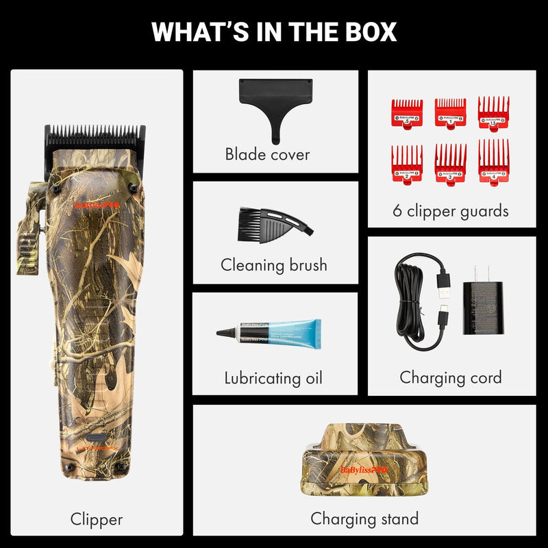 BaBylissPRO LO-PROFX camo clipper kit contents guards charger oil accessories