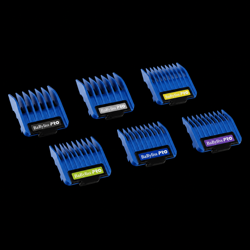 BaBylissPRO Precision Clipper Magnetic Guards – six blue guards with color-coded size labels