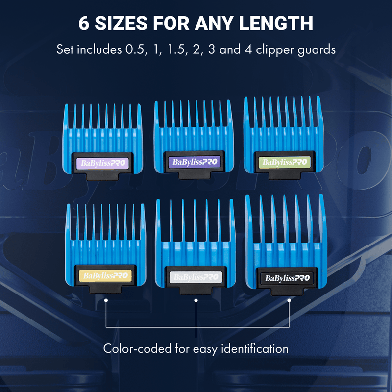BaBylissPRO Precision Clipper Magnetic Guards – size guide showing all six sizes 0.5 to 4