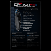 BaByliss Pro Lithium FX cordless clipper packaging with features listed on a black background
