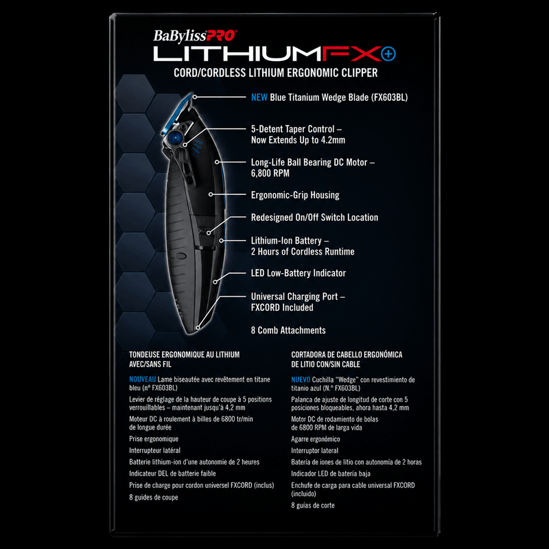 BaByliss Pro Lithium FX cordless clipper packaging with features listed on a black background