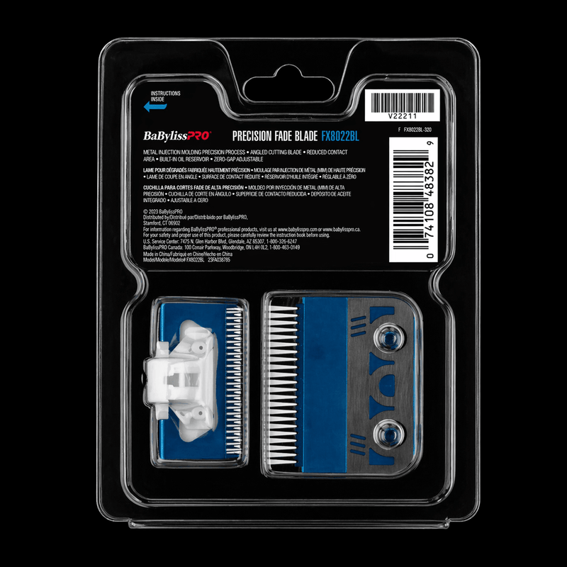 BaBylissPRO MIM fade blade FX8022BL packaging back showing specifications and instructions