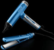 Blue hair dryer and straightener with 'BaBylissPro' branding on a black background