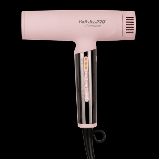 Pink BaBylissPRO hair dryer on a black background