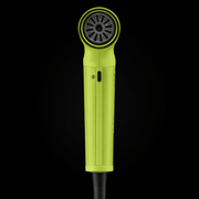 Yellow hair dryer with black nozzle on a black background